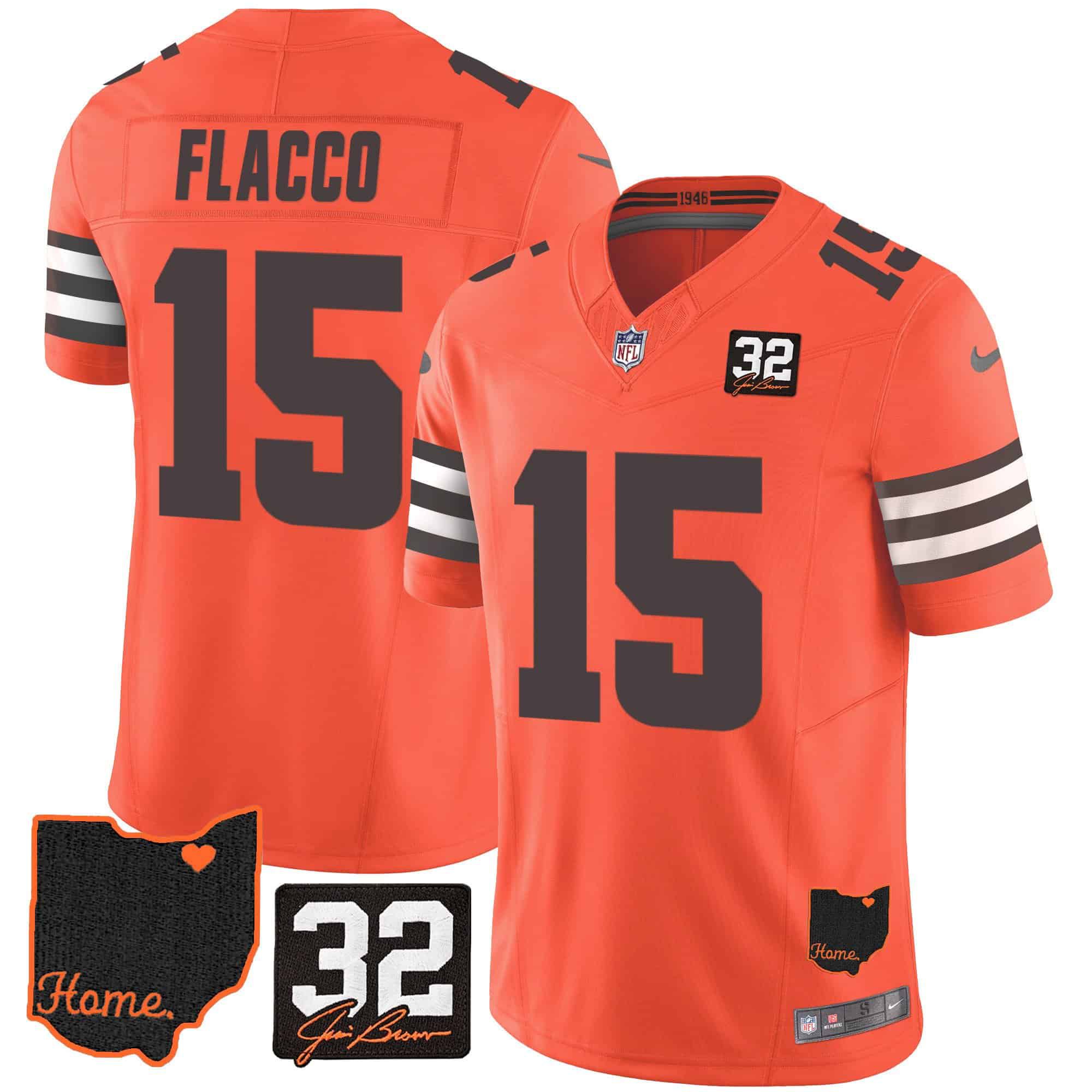 Men Cleveland Browns #15 Flacco Orange Memorial Home Patch 2024 Nike NFL Jersey